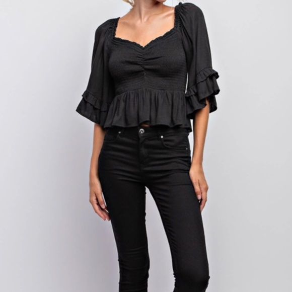 "The Sarah” Black Sweetheart Neckline Smocked Ruffle Top - Picture 3 of 6
